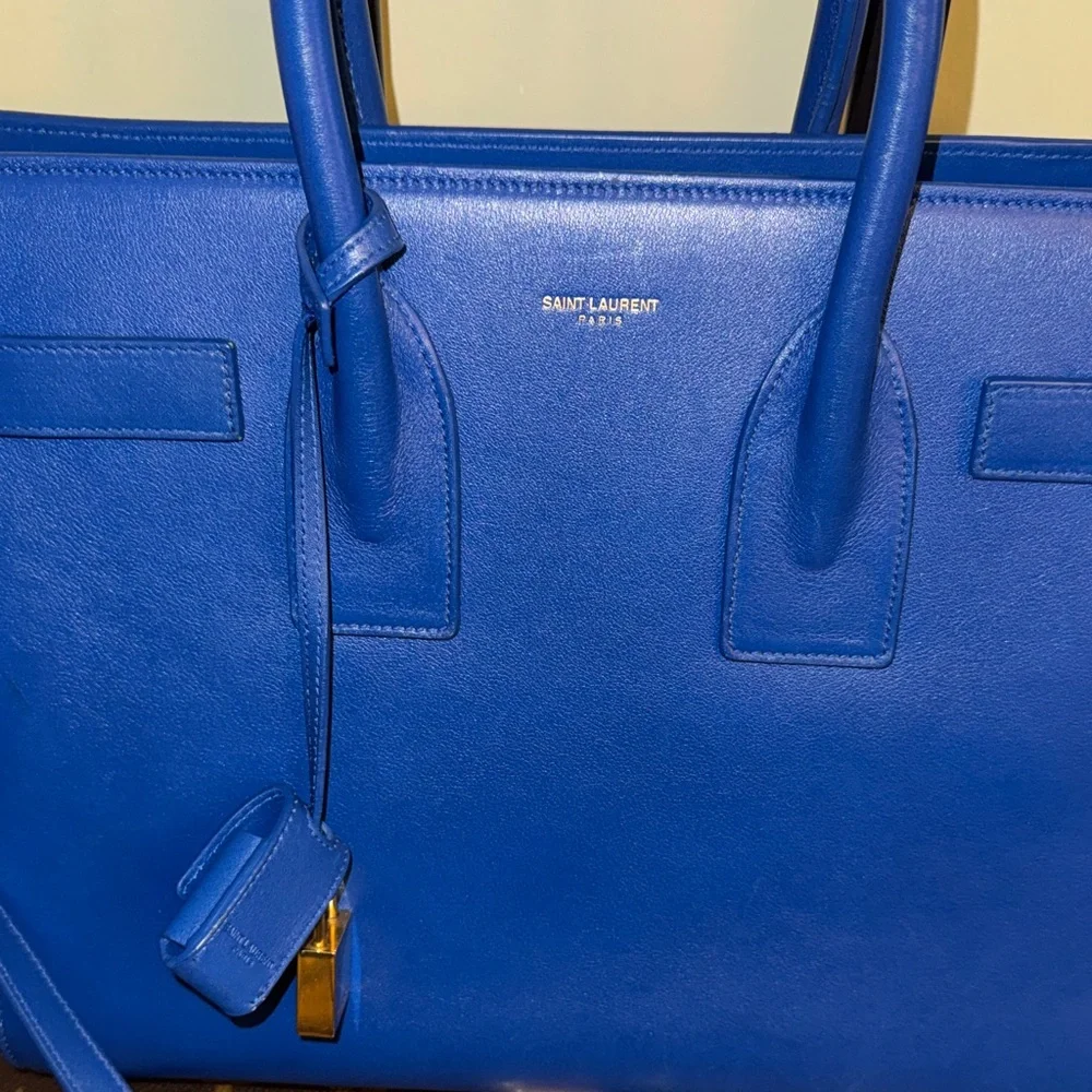 Saint Laurent Paris Electric Blue Leather Satchel with Gold Hardware Medium
